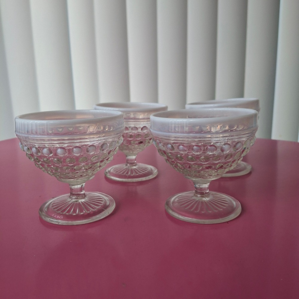 Vintage Hobnail Opalescent Rim Glass Sherbet Dessert Cups Set of 4‎ Moonstone